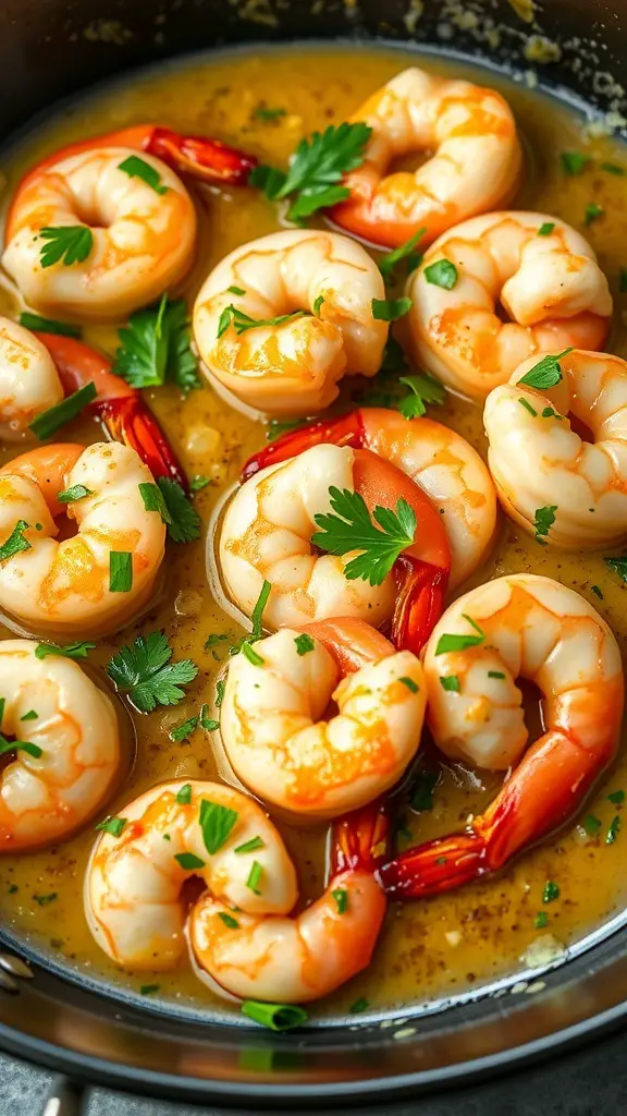 A close-up of cooked shrimp in a lemon garlic sauce, garnished with parsley.