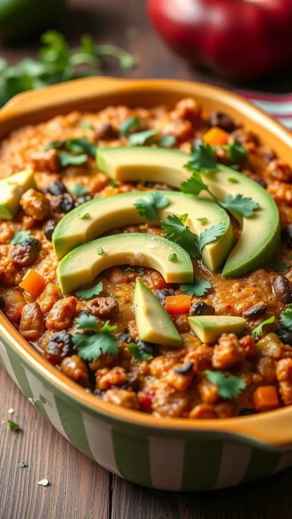 A vegan taco casserole topped with avocado slices and cilantro, showcasing vibrant colors and textures.