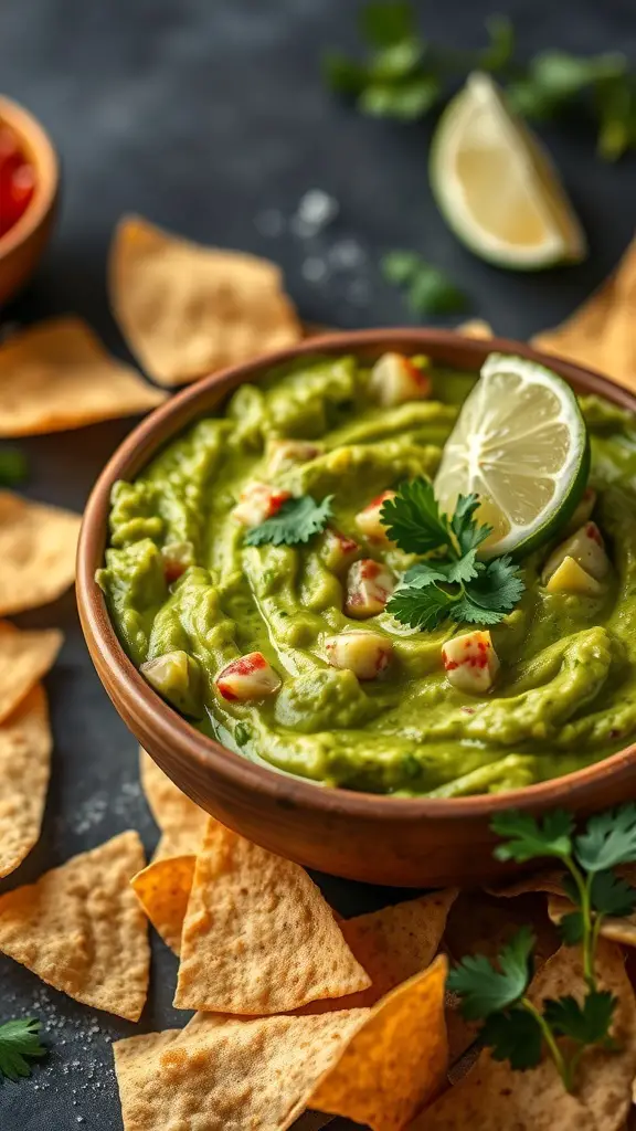 A bowl of guacamole garnished with lime and cilantro, surrounded by tortilla chips.