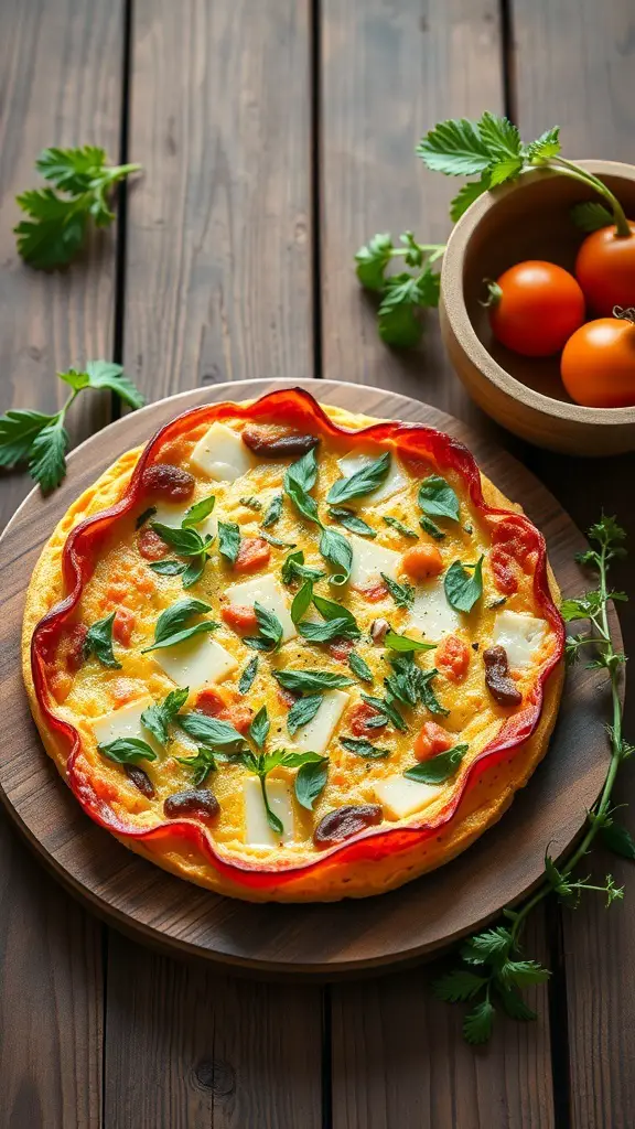 A savory herb and cheese frittata garnished with fresh herbs and served on a wooden platter.