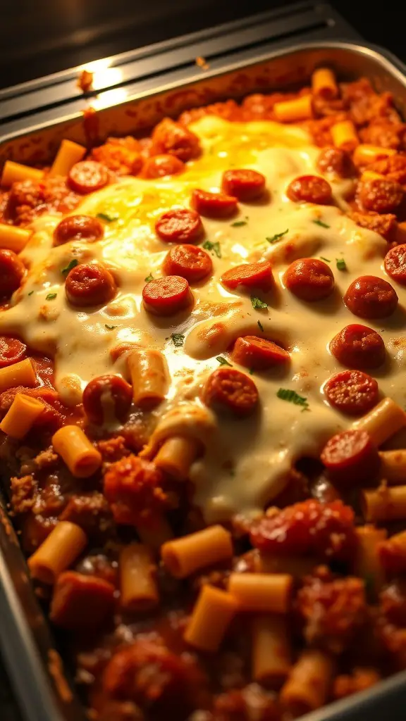 A tray of baked ziti with Italian sausage, topped with cheese and pepperoni.