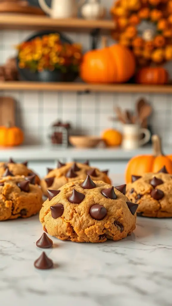 Pumpkin chocolate chip cookies with chocolate chips on a marble surface, surrounded by autumn decorations.