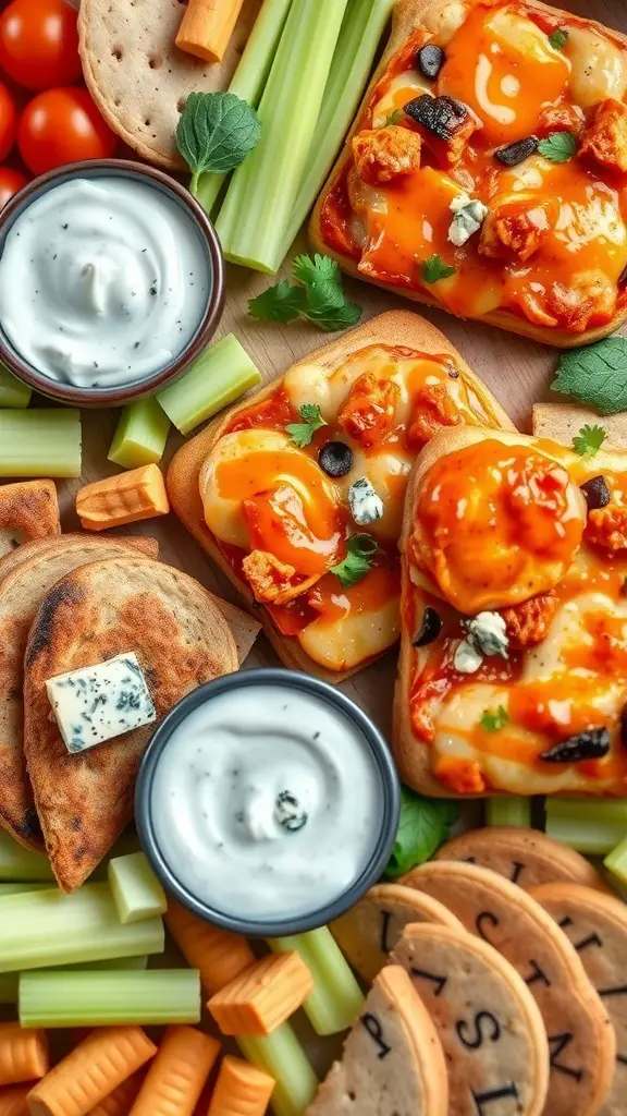 A colorful Buffalo Chicken Pizza Platter featuring mini pizzas, fresh veggies, and ranch dressing.