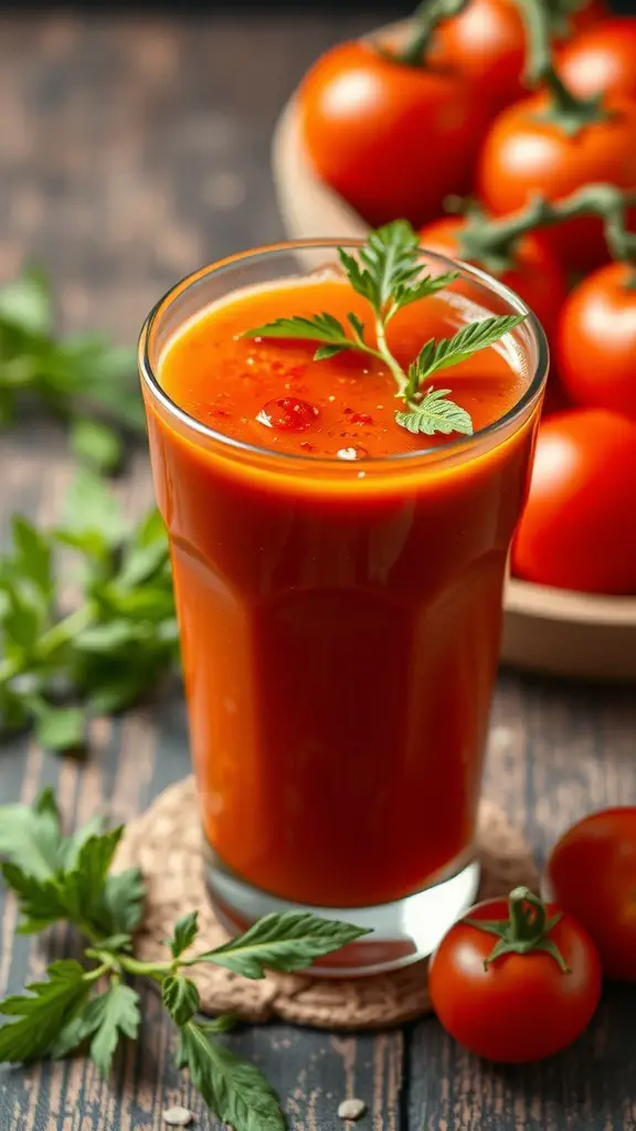 A glass of spicy tomato juice garnished with herbs, surrounded by fresh tomatoes.