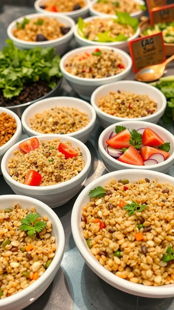 A variety of exotic grain salads in white bowls, featuring colorful ingredients like tomatoes, herbs, and grains.
