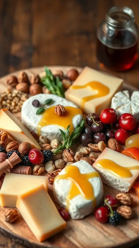 A gourmet cheese selection on a wooden platter featuring various cheeses, nuts, and fruits.