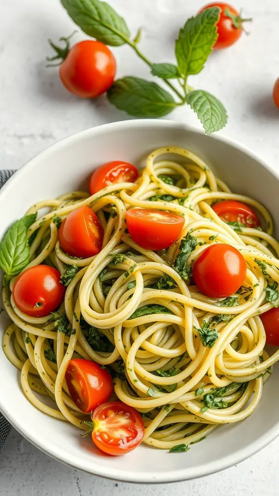 A bowl of zucchini noodles topped with pesto and cherry tomatoes, garnished with fresh basil.