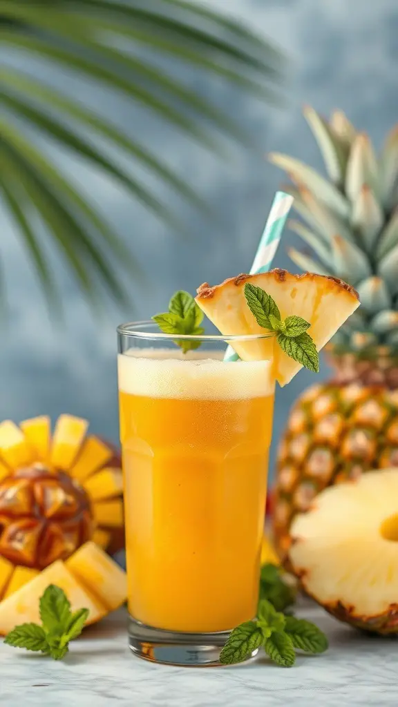 A refreshing tropical mango pineapple smoothie in a glass, garnished with a pineapple slice and mint leaves, surrounded by fresh pineapple and mango.