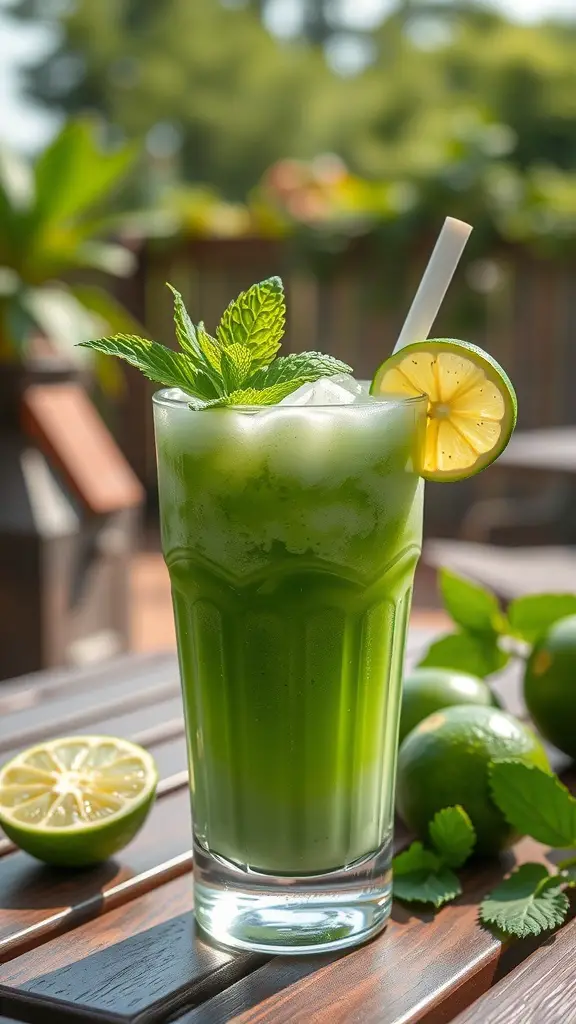 A refreshing cucumber lime smoothie garnished with mint and lime slices.