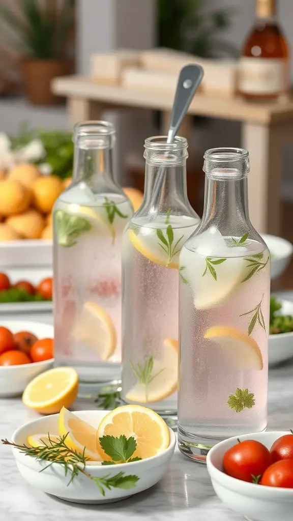 Herb-infused water station with bottles of flavored water and fresh herbs