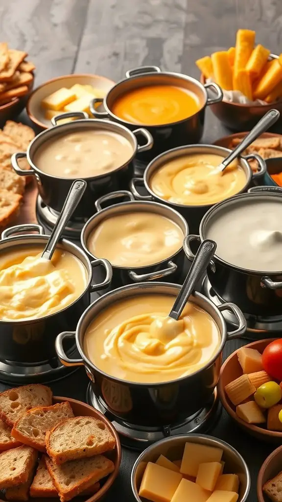 A variety of cheese fondues in pots with dippables like bread and veggies