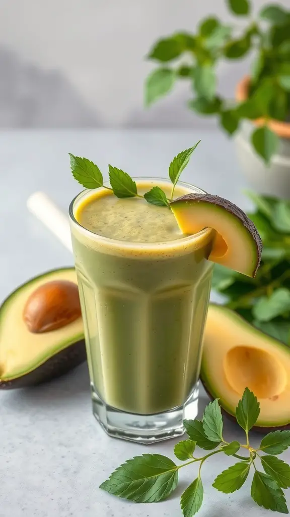 A glass of avocado green juice garnished with a slice of avocado and mint leaves, surrounded by fresh avocados.
