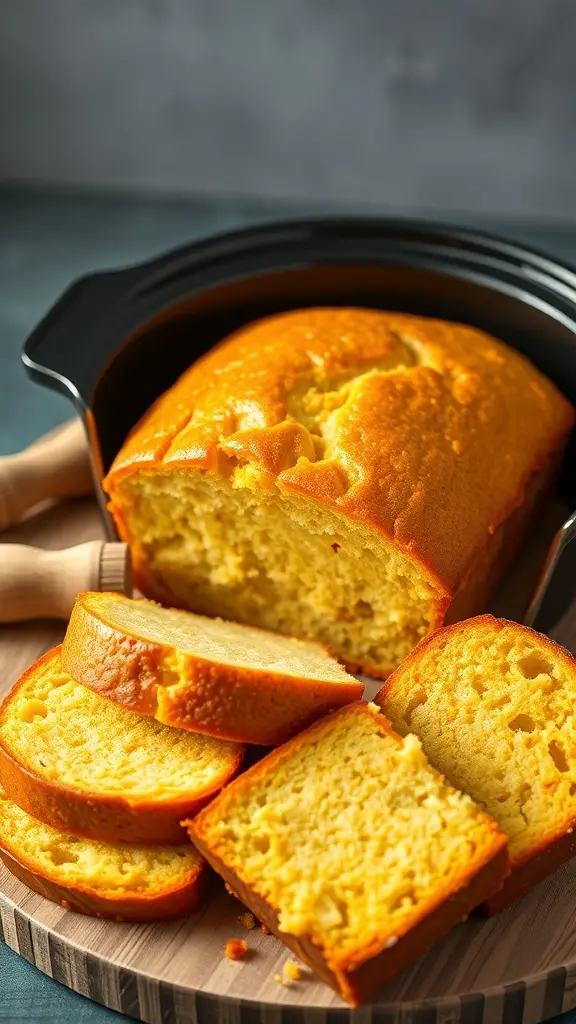 Freshly baked cornbread loaf sliced on a wooden board