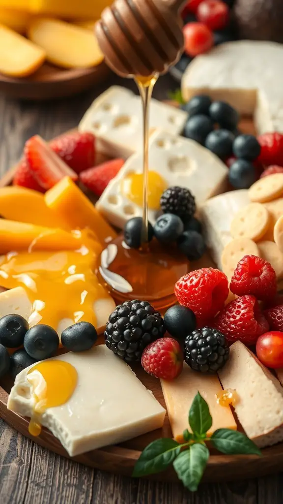 A colorful fruit and cheese platter featuring various cheeses, fresh fruits, and honey.