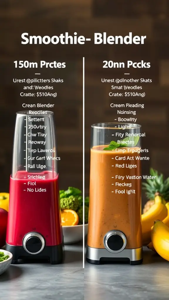 Comparison of two smoothie blenders with different features and colors.