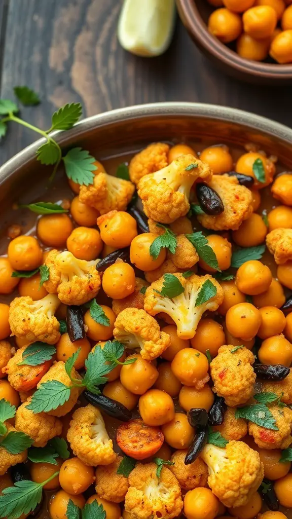 A colorful dish of curried cauliflower and chickpeas garnished with fresh herbs.