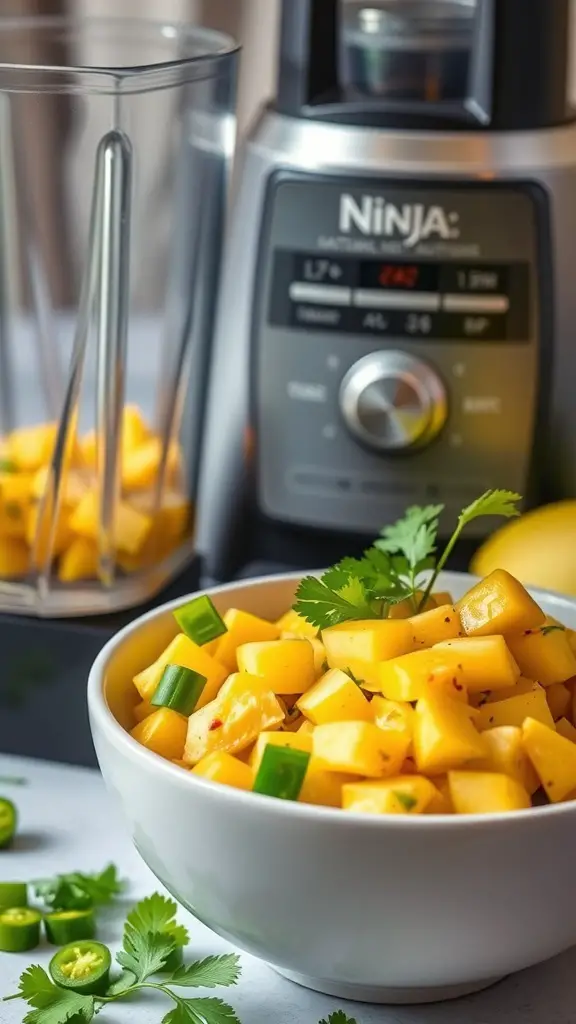 Bowl of spicy mango salsa with diced mango, jalapeños, and cilantro next to a Ninja blender.