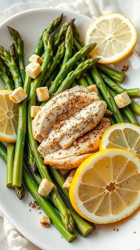 A plate of herbed chicken and asparagus salad with lemon slices