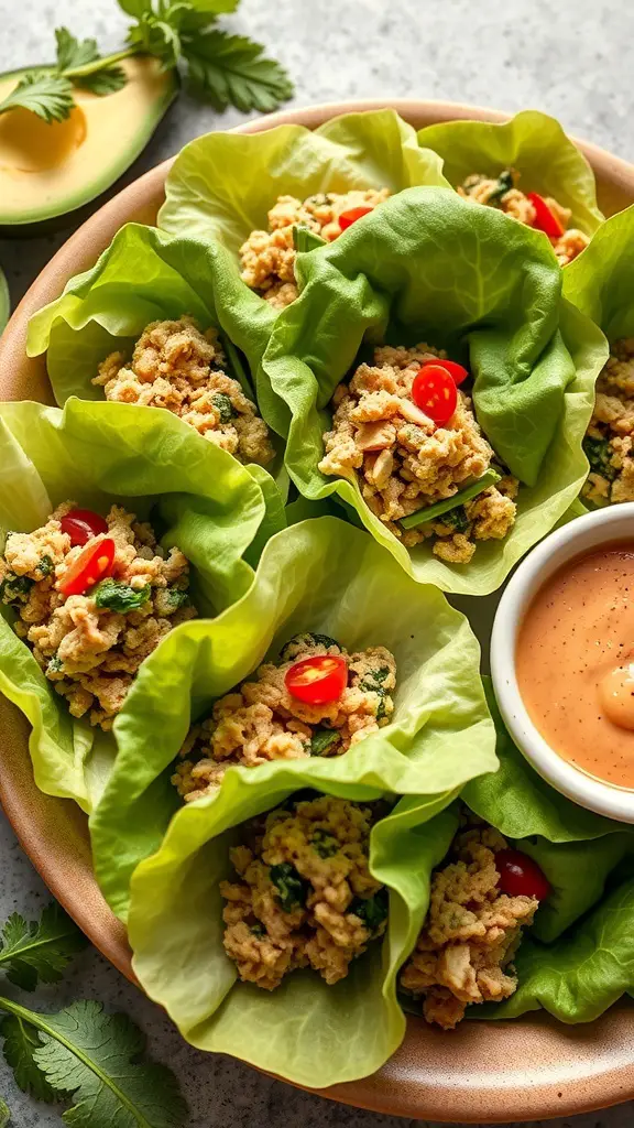 A plate of turkey and spinach lettuce wraps with a dipping sauce.