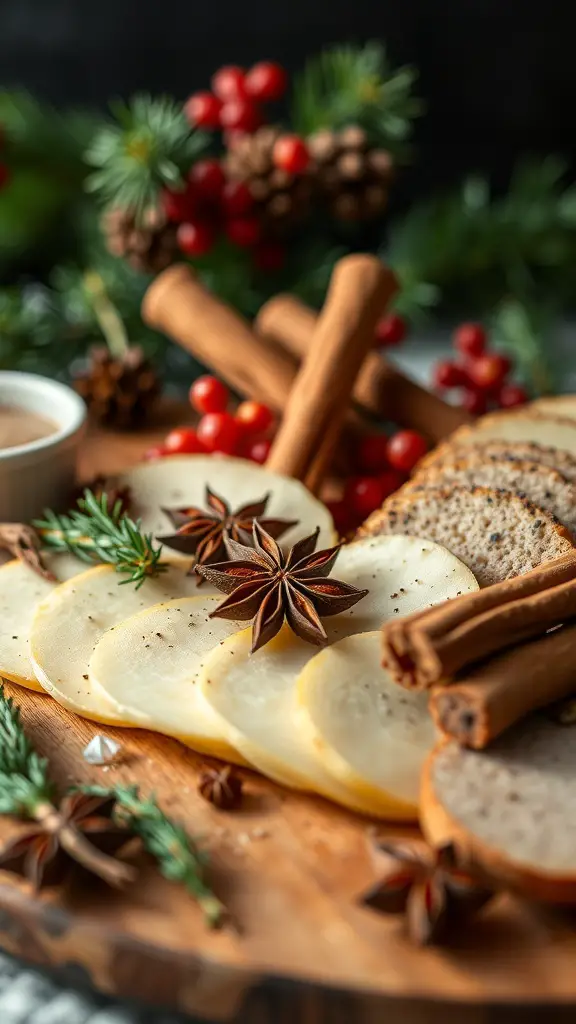 A festive charcuterie board with cheese, meats, cinnamon sticks, star anise, and holiday garnishes.