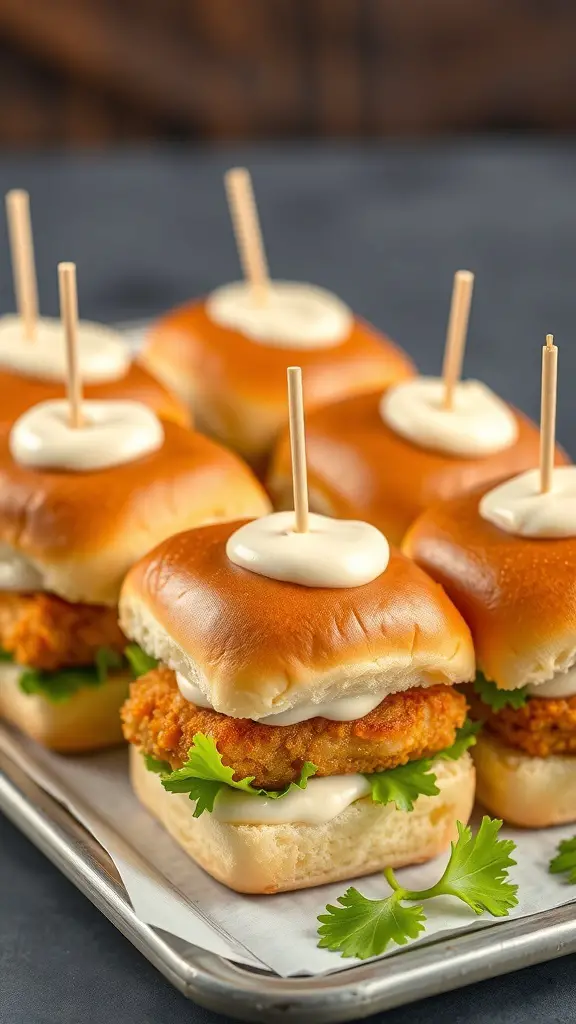 A plate of fish stick sliders with lettuce and mayo on soft buns, topped with toothpicks.