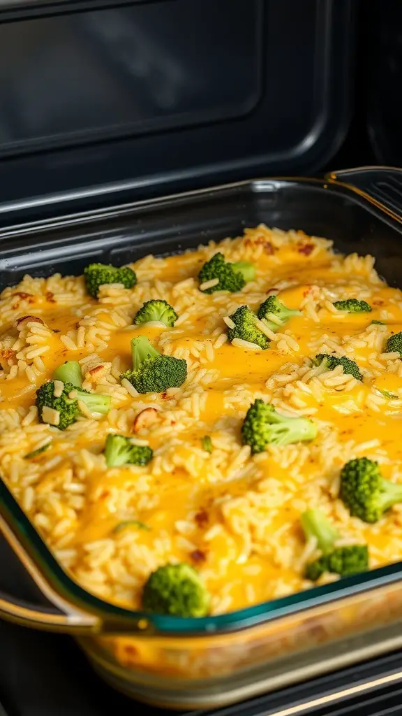 A cheesy broccoli and rice casserole with bright green broccoli pieces and melted cheese on top.