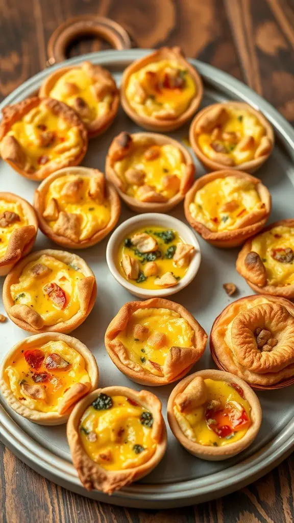 A platter of savory pastry bites filled with egg and vegetables