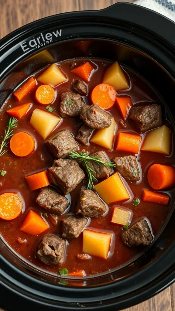 A bowl of savory beef stew with root vegetables in a crockpot, featuring chunks of beef, carrots, and potatoes.