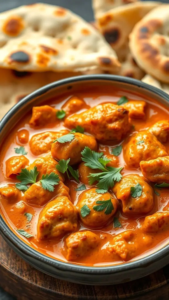 A bowl of Chicken Tikka Masala with naan bread in the background