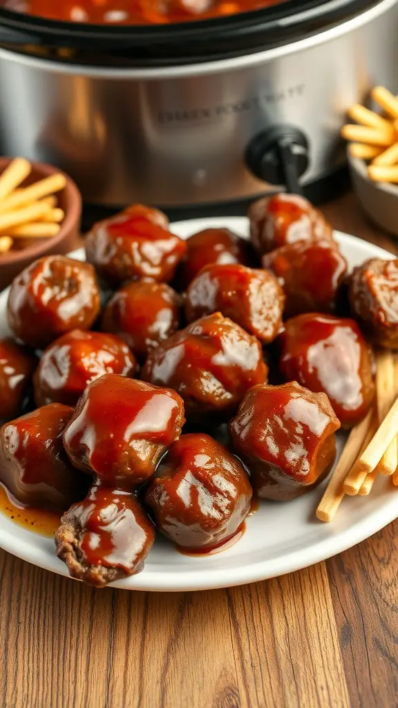 A plate of sweet and spicy BBQ meatballs drizzled with sauce, served with wooden sticks.