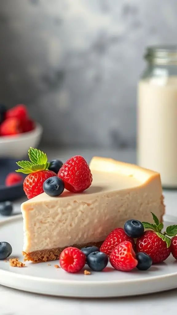 A slice of condensed milk cheesecake topped with fresh berries and mint on a plate.
