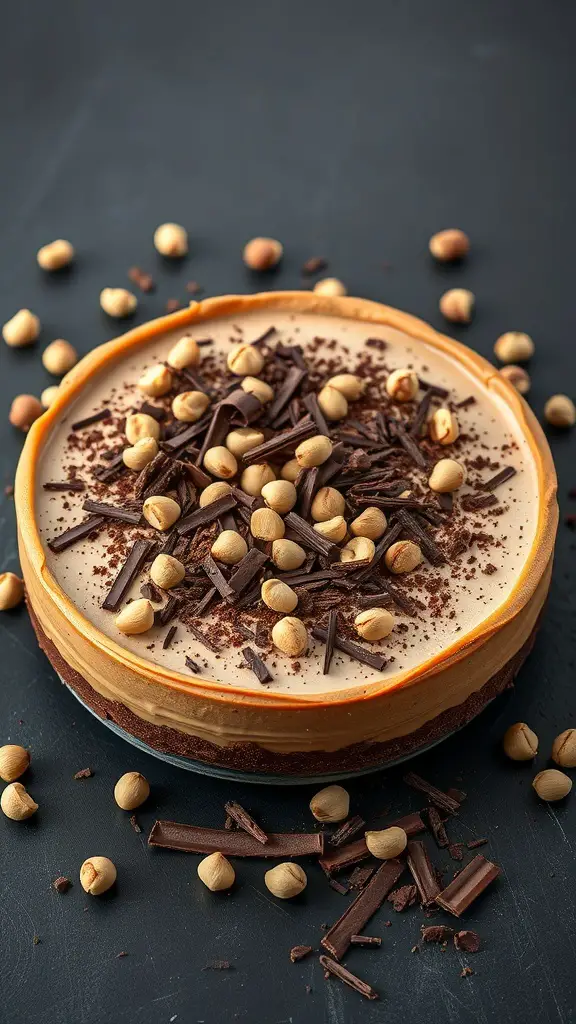A delicious chocolate hazelnut cheesecake topped with hazelnuts and chocolate shavings.
