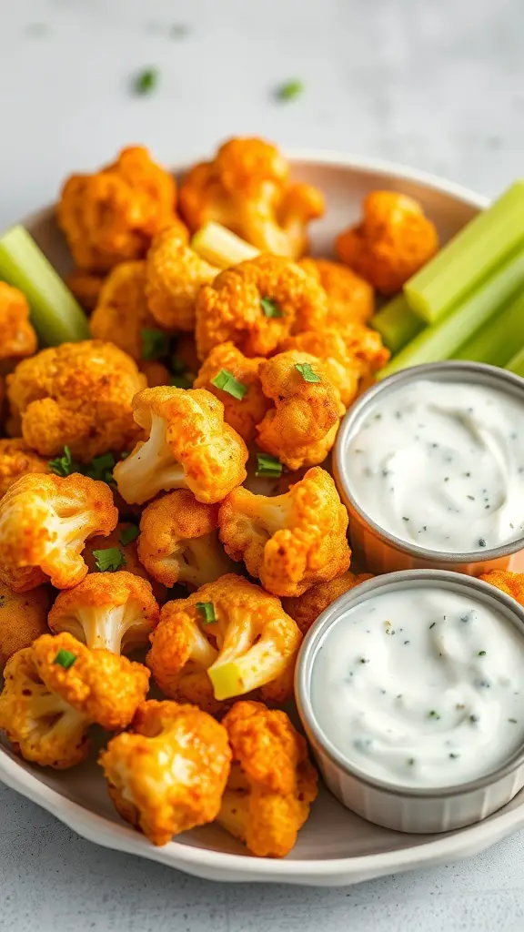 A plate of Air Fryer Cauliflower Buffalo Bites with celery sticks and dipping sauces.