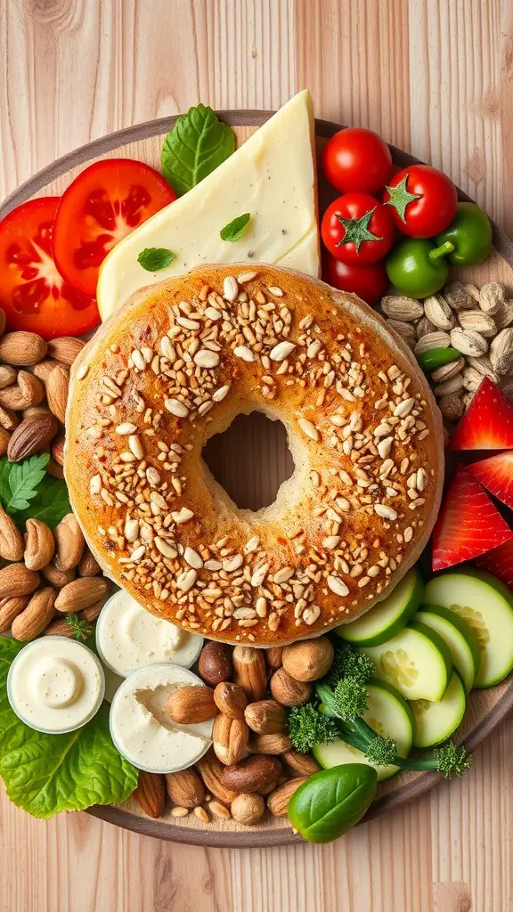 A vibrant vegan bagel charcuterie board featuring a bagel, fresh vegetables, nuts, and fruits.