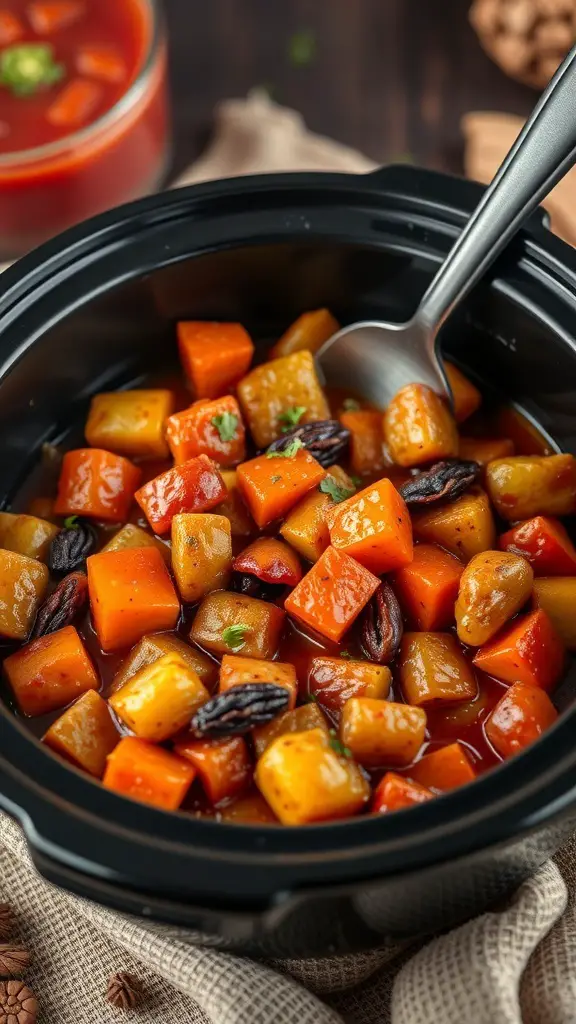 A bowl of Moroccan Vegetable Tagine with colorful vegetables and spices.