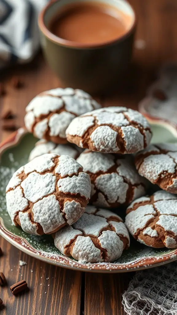 A plate of chocolate crinkle cookies dusted with powdered sugar, accompanied by a cup of hot chocolate.