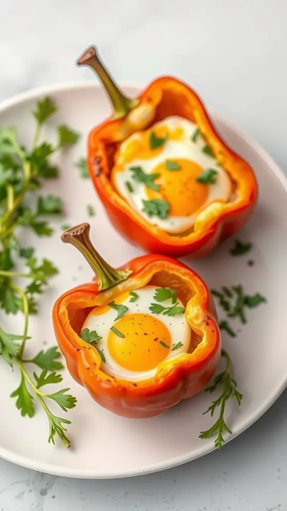 Roasted bell pepper halves filled with eggs and garnished with herbs on a plate.