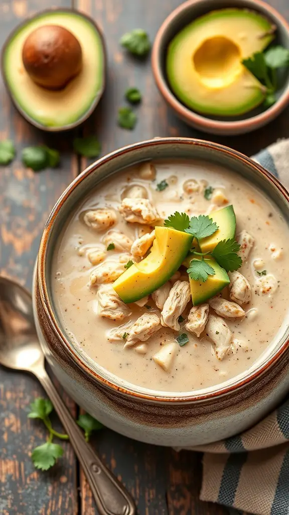 A bowl of creamy white chicken chili topped with avocado and cilantro, with additional avocado halves in the background.