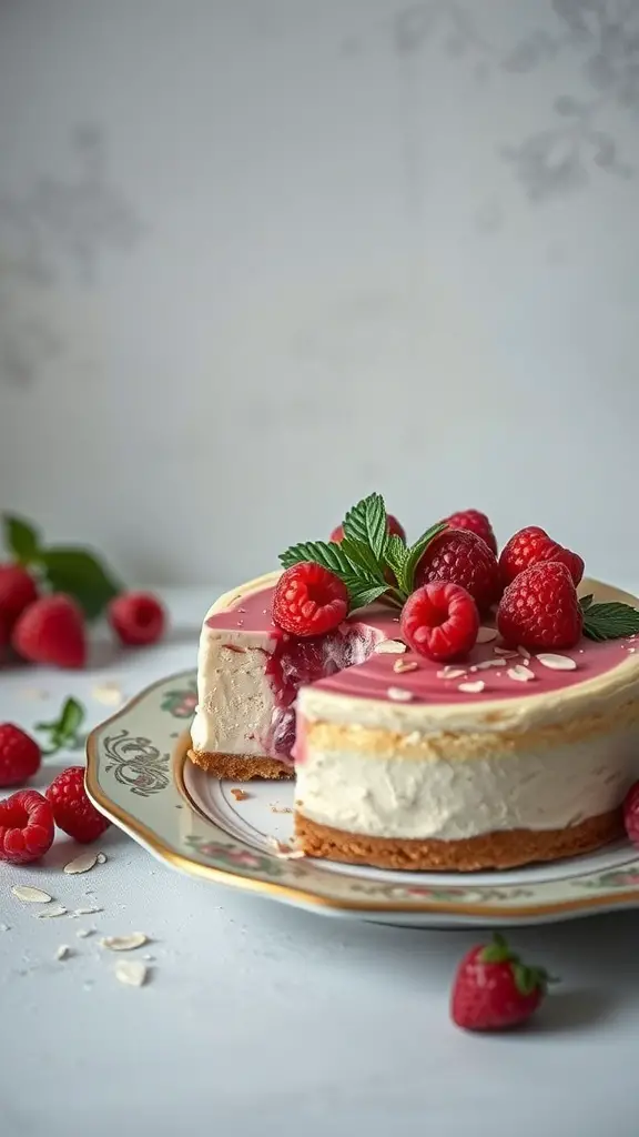 A slice of raspberry almond cheesecake with fresh raspberries on top, served on a decorative plate.