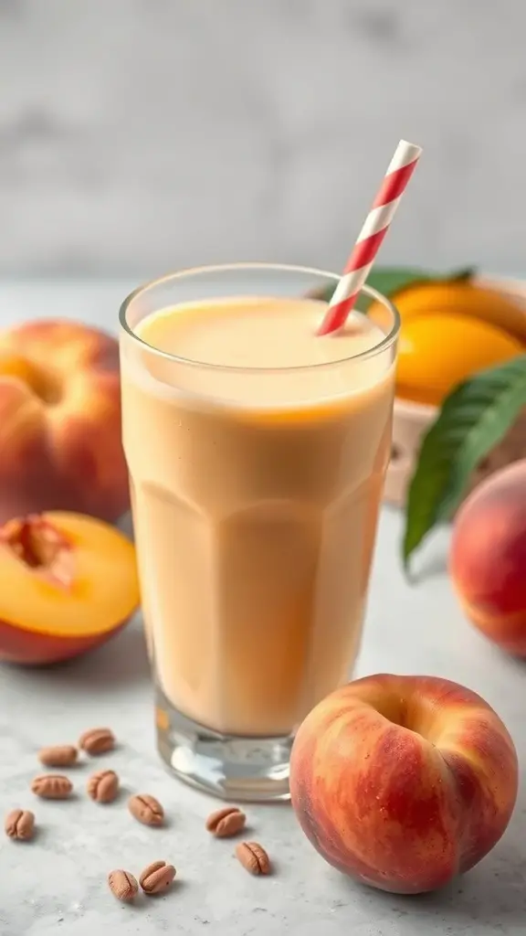 A refreshing peach mango smoothie in a glass with a straw, surrounded by fresh peaches and coffee beans.