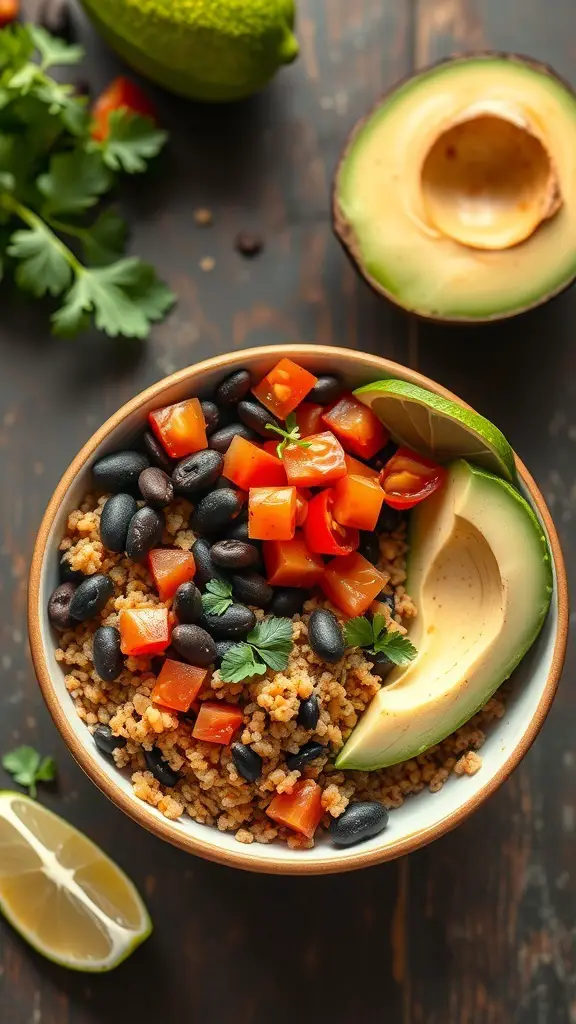 A colorful bowl of spicy quinoa and black bean salad topped with avocado, tomatoes, and cilantro.