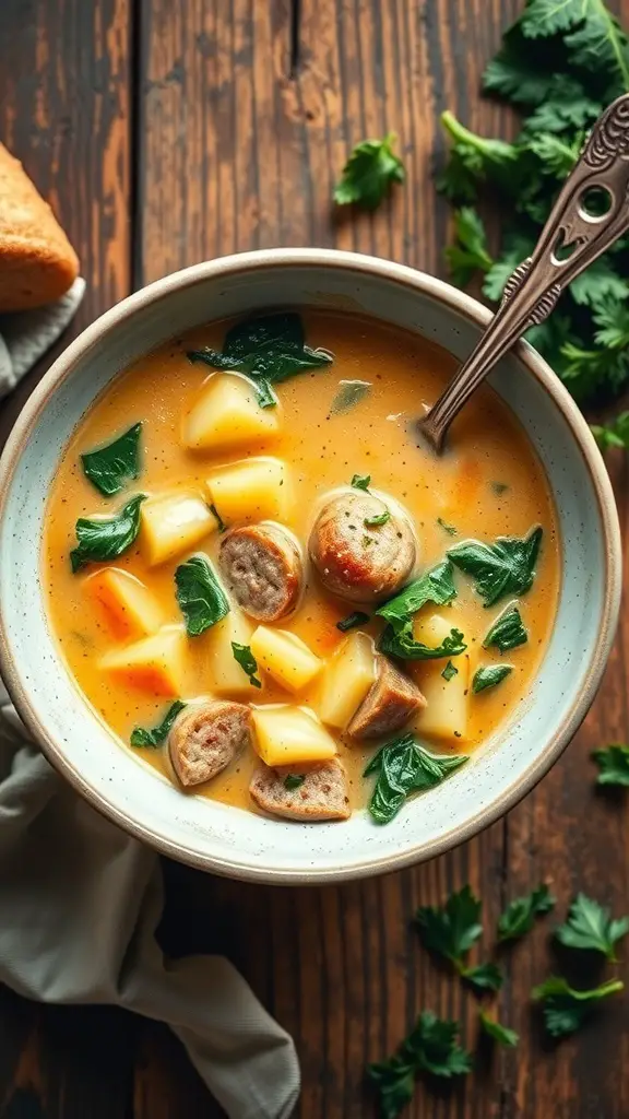 A bowl of Zuppa Toscana soup with sausage, potatoes, and greens on a wooden table.