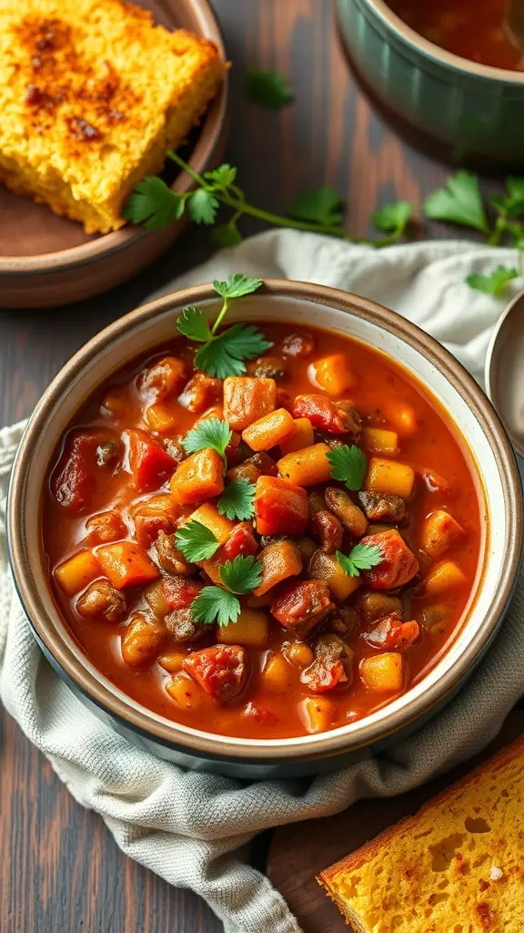 A bowl of vegetarian chili garnished with cilantro, next to a piece of cornbread.