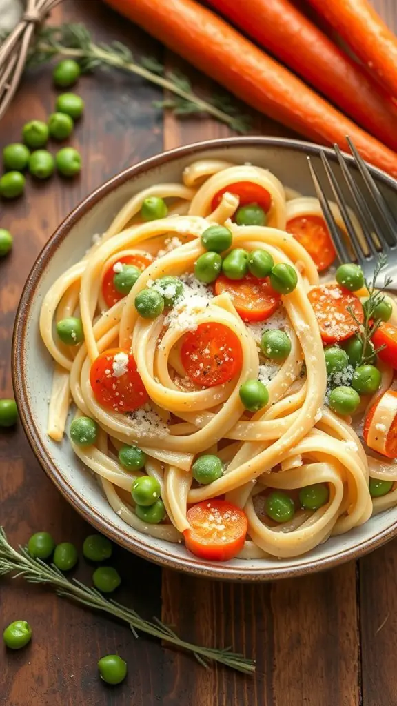 A bowl of fettuccine alfredo with peas and carrots, garnished with cheese and herbs.