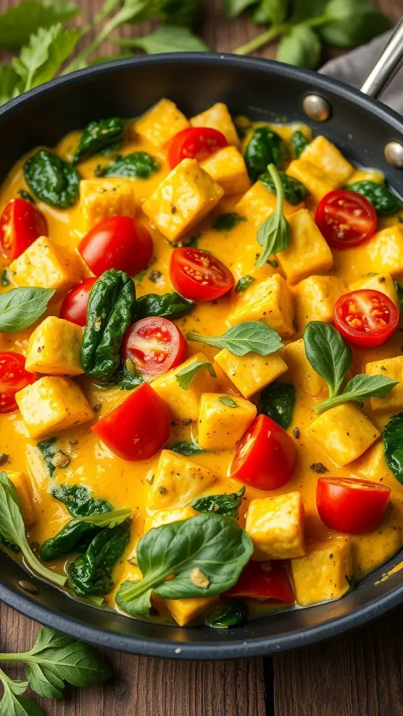A colorful tofu scramble with spinach and tomatoes in a frying pan.