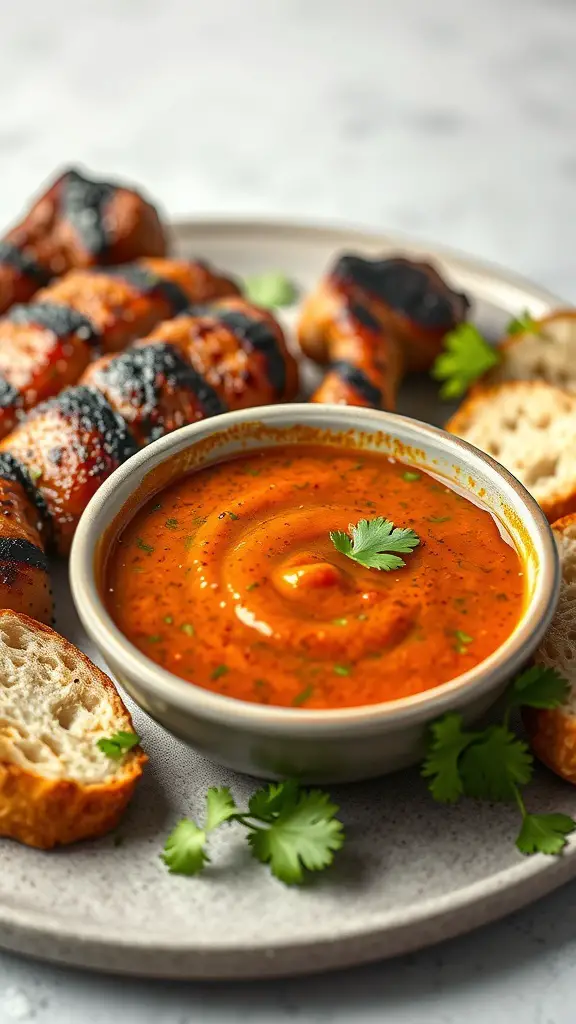 A bowl of zesty chimichurri sauce surrounded by grilled meats and bread.