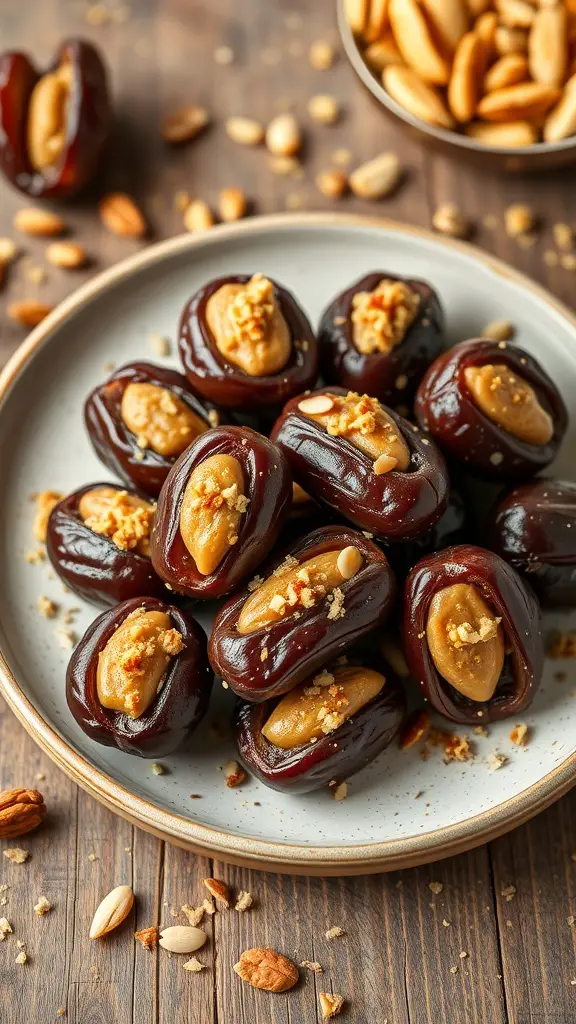 A plate of almond butter stuffed dates topped with crushed nuts, surrounded by scattered nuts on a wooden table.