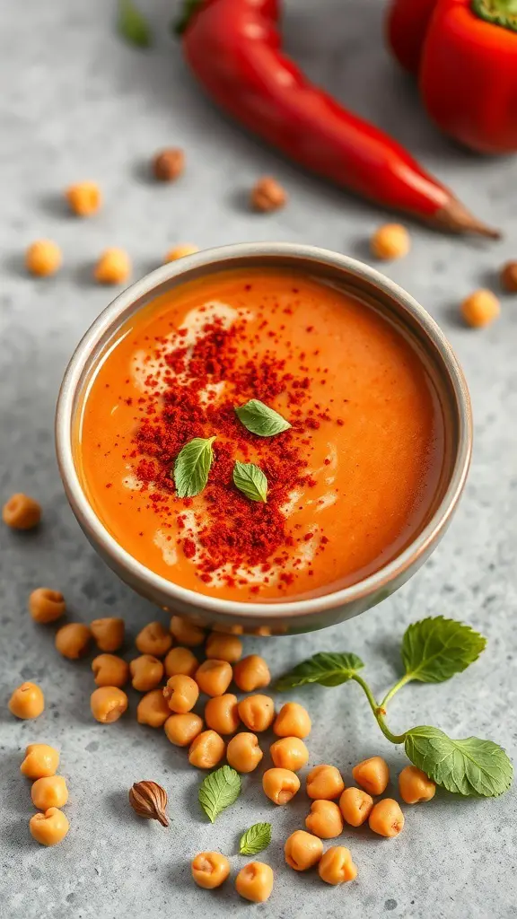 A bowl of roasted red pepper and chickpea smoothie garnished with herbs and spices, surrounded by chickpeas and red peppers.