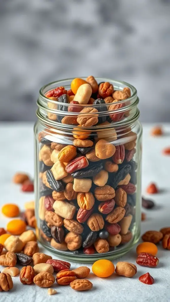 A jar filled with a colorful mix of nuts and dried fruits, surrounded by scattered pieces on a light surface.