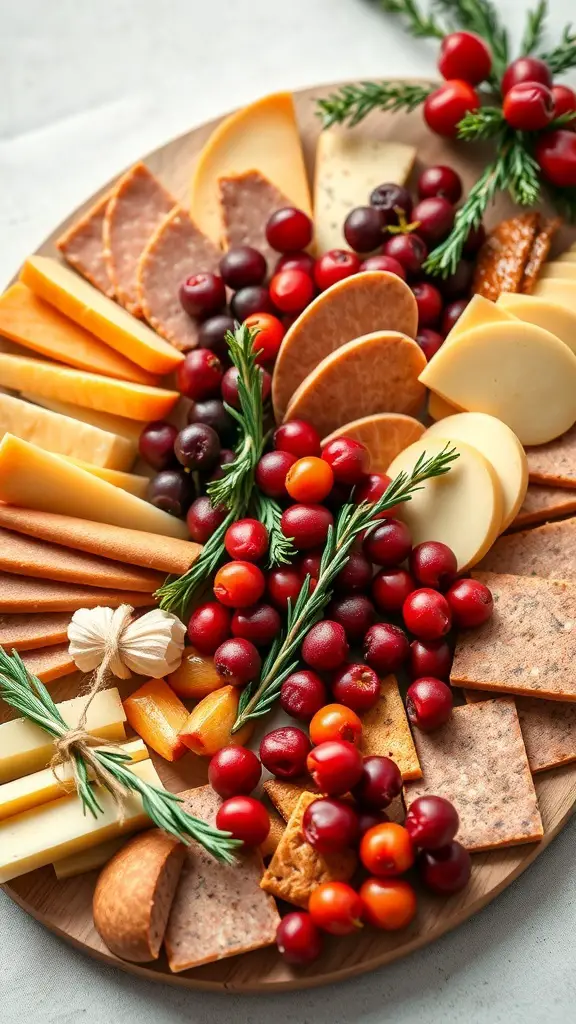 A festive holiday charcuterie board featuring various cheeses, meats, cranberries, and herbs.